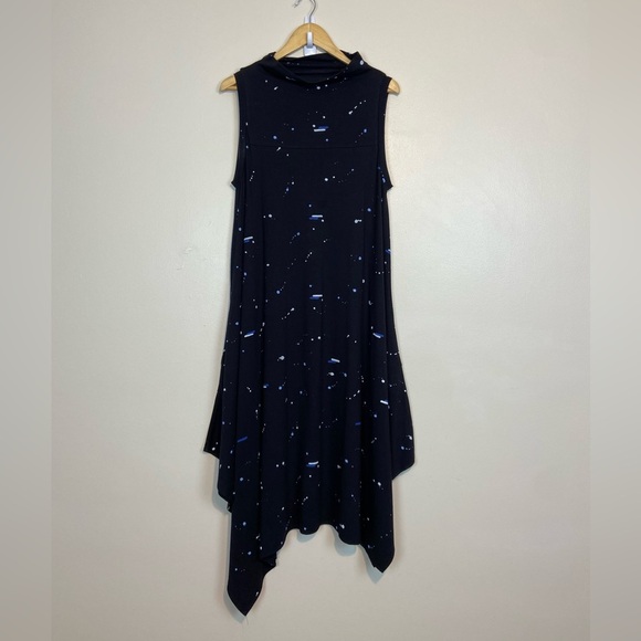 Snapdragon & Twig Sleeveless Handkerchief Hem Midi Dress Black Galaxy Print - Picture 1 of 7
